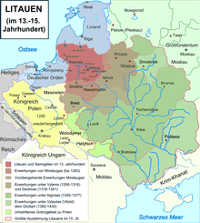 Grafische Karte Litauens mit dem Titel „Litauen im 13. bis 15. Jahrhundert“. Die unterschiedlichen Erwerbungen der einzelnen Regionen sind farbig markiert und in einer Legende unten links erläutert.