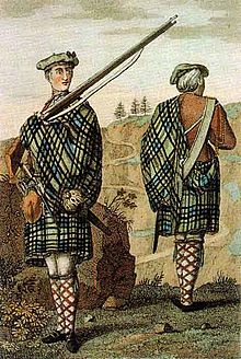 Coloured line-drawing of two early Highland regiment soldiers in green tartan great kilts, red-and-white diced hose, and blue bonnets, one with a musket