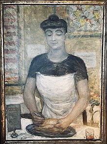 painting of middle-aged white woman working in a kitchen, wearing a large white apron