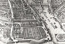The Tuileries Palace (bottom) and its garden, in plan engraved by Matthäus Merian the Elder in 1615