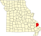 A state map highlighting Cape Girardeau County in the southeastern part of the state.