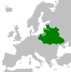 The Polish–Lithuanian Commonwealth (green) and its vassal states (light green) in 1619