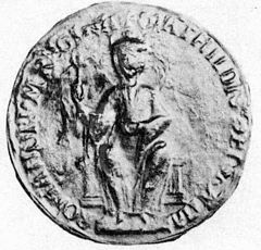 Image of the Empress Matilda's Great Seal. She is seated, crowned, and holding a scepter and orb.