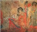 Women wearing Tang-style clothing; Baoshan tomb No.2 wall-painting of Liao dynasty.