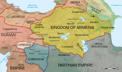 Map showing Commagene (light pink on the left) in 50 AD; nearby are Armenia, Sophene, Osrhoene, and the Roman and Parthian Empires