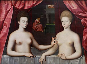 Gabrielle d'Estrées and her sister (Louvre). Gabrielle d’Estrées and the Duchess of Villars "… turn half towards the viewer as they sit in a bathtub lined with silk. The women have faces the shape of upturned petals; thin, arched eyebrows; skin the same color as the pearls they both wear in their ears. They are naked from the waist up, and both women’s small, dark eyes are locked on the viewer, mouths tight and ambiguous. But what everybody sees first—what viewers can’t help but fix their gazes on—is the hand of the woman on the left as it pinches the nipple of the woman on the right, her index finger and thumb forming a perfect "C." Above them, ruched silk curtains, heavy as thunderclouds, are parted as though the audience is at a stage’s edge. The viewer’s voyeuristic position sets the scene as a performance." -Artsy.net on the portrait.