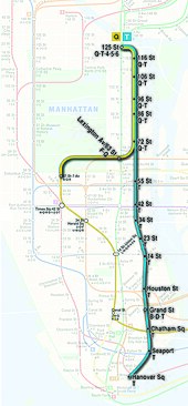 Proposed map of the Manhattan portions of the Q and T trains upon completion of Phase 4. The T is planned to eventually serve the full line between 125th Street and Hanover Square, and the Q will serve the line between 72nd Street and 125th Street.