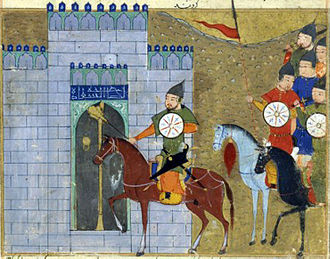 Painting of cavalry, led by a man in green clothing atop a brown horse, walking into a city with high walls
