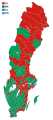 Votes by municipality. The municipalities are the color of the party that got the most votes within the coalition that won relative majority. Some municipalities have been split since 1976, so may be different to apparent results.