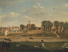 An late 18th century painting of the former St Mary's Church and village of Hampton, showing the previous St Mary's Church