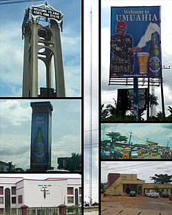 Top left: Abia tower. Mid Left: Umuahia Clock Tower. Bottom Left: Federal High Court, Umuahia. Center: BCA Radio Tower. Top Right: Star Beer sponsored welcome Billboard. Mid Right: Umuahia Market. Bottom Right: Umuahia Police Station.