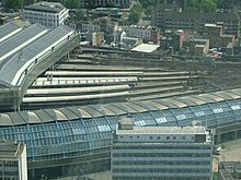 Aerial view of large railway station