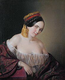 Painting of woman in sheer top, fez, and robe.