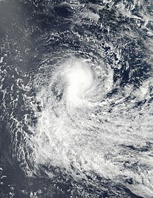 Satellite image of Cyclone Berguitta as a weakening tropical storm just northeast of Mauritius. The island is just about becoming obscured by a rainband.