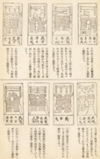 Part of a series of seventy-two talismans (霊符, reifu) (from the Chinese lingfu) known as Taijō Shinsen Chintaku Reifu (太上神仙鎮宅霊符, "Talismans of the Most High Gods and Immortals for Home Protection") or simply as Chintaku Reifu (鎮宅霊符, "Talismans for Home Protection"). Originally of Daoist origin, these were introduced to Japan during the Middle Ages.[44][45]