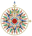 Highly ornate compass rose, with fleur-de-lis as north mark and cross pattée as east mark, from the Cantino planisphere (1502)