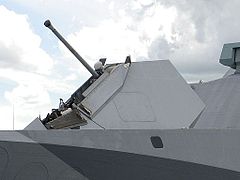 Bofors 57/70 Mark 3 with stealth mount in "fire mode" aboard a Visby-class corvette.