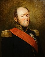 Painting shows a round-faced man with a mostly bald head. He wears a dark blue military uniform with epaulettes and a red sash.