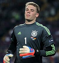 Neuer in a Germany goalkeeper jersey and gloves
