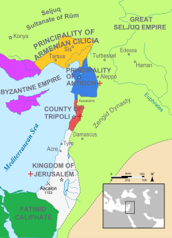 Map of the Middle East showing its major states as of c. 1165 in colour