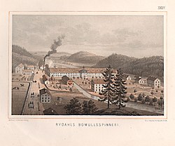 Lithography print in colour showing the mill and it's smoke stack surrounded by houses, roads, fields and mountains. Horse-drawn carriage can be seen on the roads.