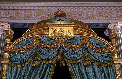 Neoclassical festoons on a bed, by Thomas Chippendale, 1773, carved and gilt wood, Harewood House, Harewood, West Yorkshire, England