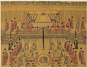 Song dynasty Illustrations of the Classic of Filial Piety showing officials wearing chaofu engaged in ritual ceremony, holding a hu.