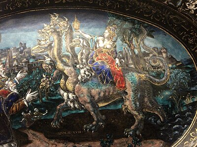 Detail of dish with scene from the Book of Revelation, Limoges c. 1580, attributed to Pierre Courtois
