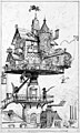 Image 1 Scientific romance Artist: Albert Robida A typical 20th-century aerial rotating house, as drawn by Albert Robida. The drawing shows a dwelling structure in the scientific romance style elevated above rooftops and designed to revolve and adjust in various directions. An occupant in the lower right points to an airship with a fish-shaped balloon in the sky, while a woman rides a bucket elevator on the left. Meanwhile, children fly a kite from the balcony as a dog watches from its rooftop doghouse. More selected pictures