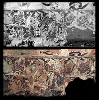 Vault decoration over the mural of "The War of the Relics": on-site photograph in 1907 by Charles Nouette, and removed color panels at the Dalhem Museum.