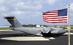 A C-17 Globemaster III of the 15th Wing sits on the flight line at Wake Island Airfield in January 2008.