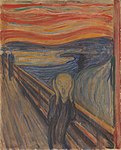 The Scream; by Edvard Munch; 1893; tempera and crayon on cardboard; 91 x 73.5 cm; National Gallery (Oslo, Norway)[223]