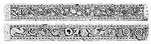 Reliefs of the Mora doorjamb with grapevine design, Mora, near Mathura, circa 15 CE. State Museum Lucknow, SML J.526.[28] Similar scroll designs are known from Gandhara, from Pataliputra, and from Greco-Roman art.