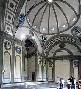Interior of the Pazzi Chapel with sculptural plaques by Luca Della Robbia