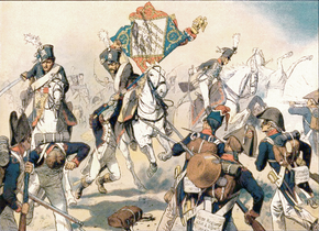 Color print of Prussian horsemen with death's head on their shakos charging through French infantry and capturing a standard
