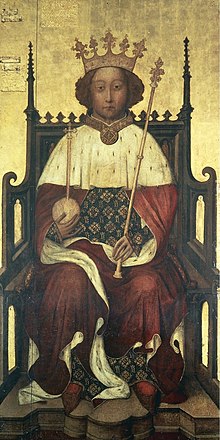 Portrait of Richard crowned sitting on his throne and holding an orb and sceptre