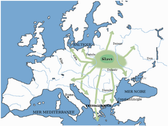 Map of Eastern Europe, depicting a Slavic homeland and the spread of Slavs to all directions