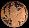 Athena (mit Helm, Schild, Aigis und Speer), Theseus und Amphitrite; rotfiguriges Vasenbild von Onesimos/Euphronios (Töpfersignatur)