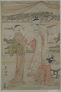 A Utagawa Toyokuni print of two ladies examining an early telescope