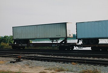 A semi-trailer on a flatcar of the Southern Railway