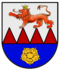 Hirschlanden - "Over a base Azure, therein a Rose Or, in Argent four Lozenges Gules on the partition, stalking a Lion Gules crowned Or."