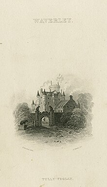 Vignette depiction of Tully-Veolan Castle, home of the Bradwardines in Waverley (reputedly based on Craighall Castle, Perthshire). 1832.