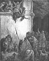 Engraving of Jezebel being thrown out of a window to waiting mounted troops and dogs