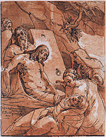 Lamentation or Entombment? Chiaroscuro woodcut by Andrea Andreani.
