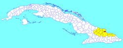 Antilla municipality (red) within Holguín Province (yellow) and Cuba