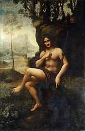 Bacchus, the painting originating from the Workshop of Leonardo da Vinci, seen here before restoration.
