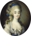A portrait miniature of the Countess of Artois clad in a white dress with a blue bodice and a white bow (by Ignace Jean Victor Campana).