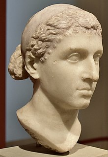 Photograph of an ancient Roman marble sculpture of Cleopatra VII's head as displayed at the Altes Museum in Berlin