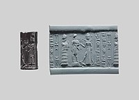 Cylinder seal showing the representation of a devotee (center) by goddess Lamma (left), to Ishtar (right). Babylonian, c. 18th–17th century BC, Metropolitan Museum of Art