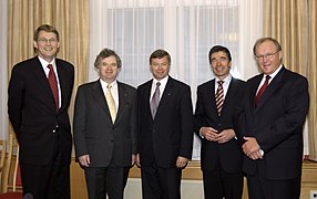 Five Nordic Prime Ministers (Matti Vanhanen (left) from Finland, Davíð Oddsson (second left) from Iceland, Kjell Magne Bondevik (center) from Norway, Anders Fogh Rasmussen (second right) from Denmark, and Göran Persson (right) from Sweden) at the Nordic Council Session in Oslo, on 27 October 2003.
